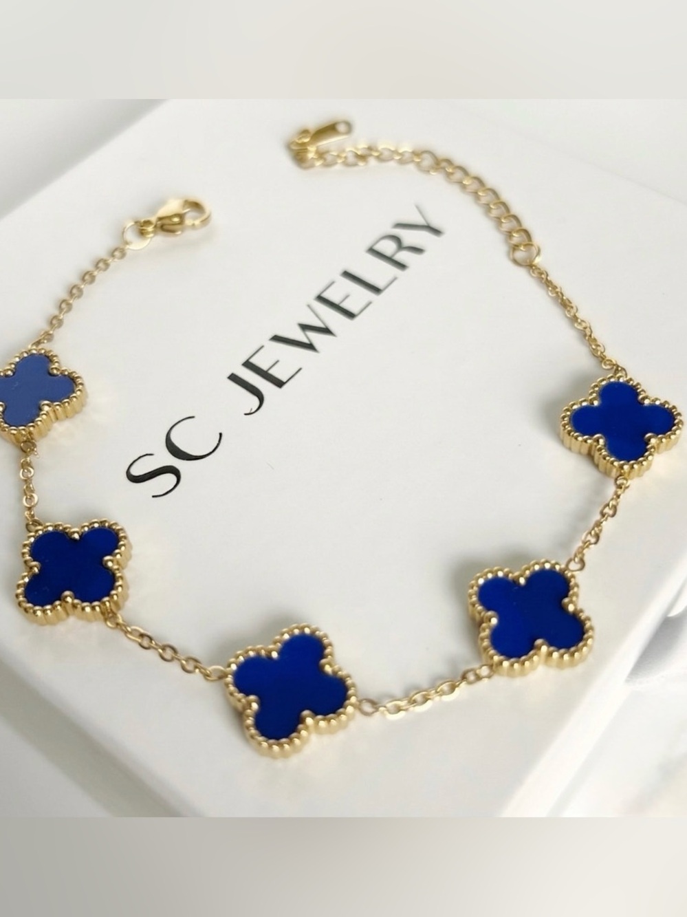Royal Blue Four Leaf Clover Bracelet Stainless Steel Double Sided Adjustable - Picture 2 of 8
